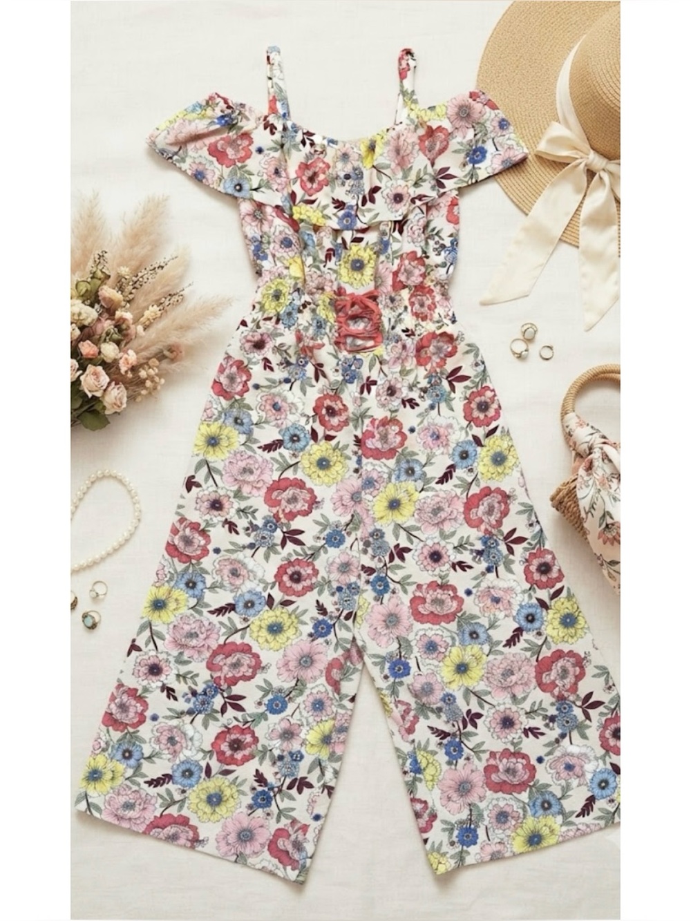 Knit Works Floral Off The Shoulder Corset Front Wide Leg Jumpsuit